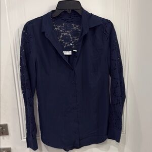 New York & Company Blue Button Down Shirt Notched Collar